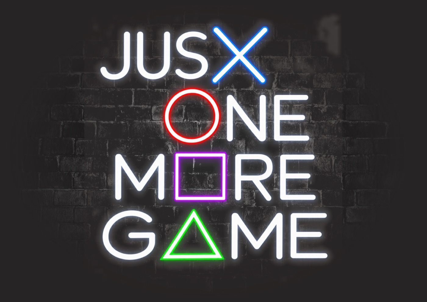 Neon wall sign reading Just One More Game, with PlayStation shapes for letters.
